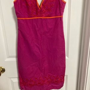 Tocca Pink midi sundress with orange trim.
